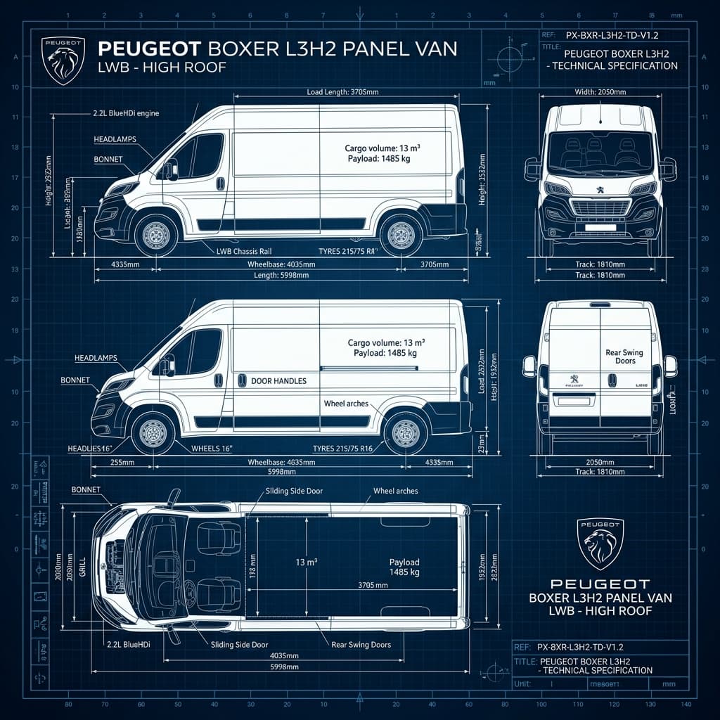 PEUGEOT BOXER technical schematic for campervan conversion