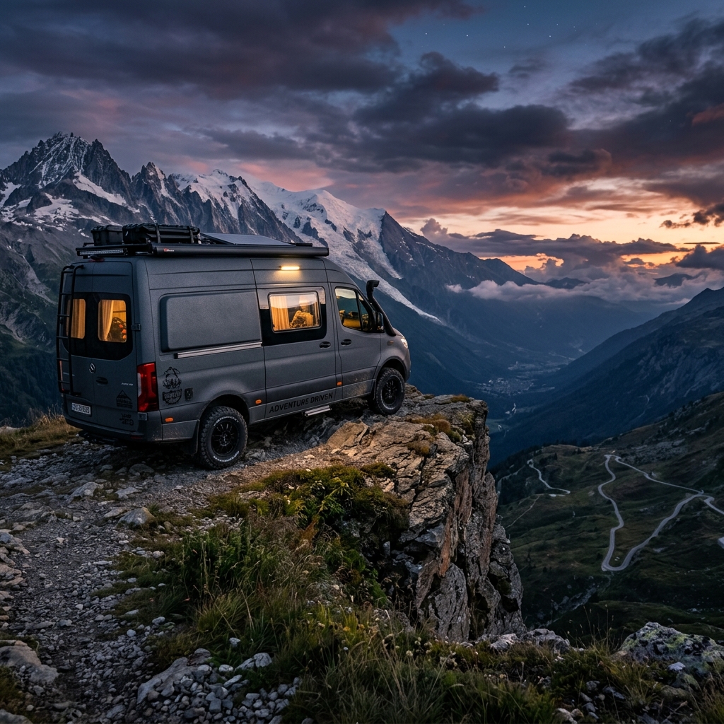 Luxury off-grid adventure motorhome at dusk
